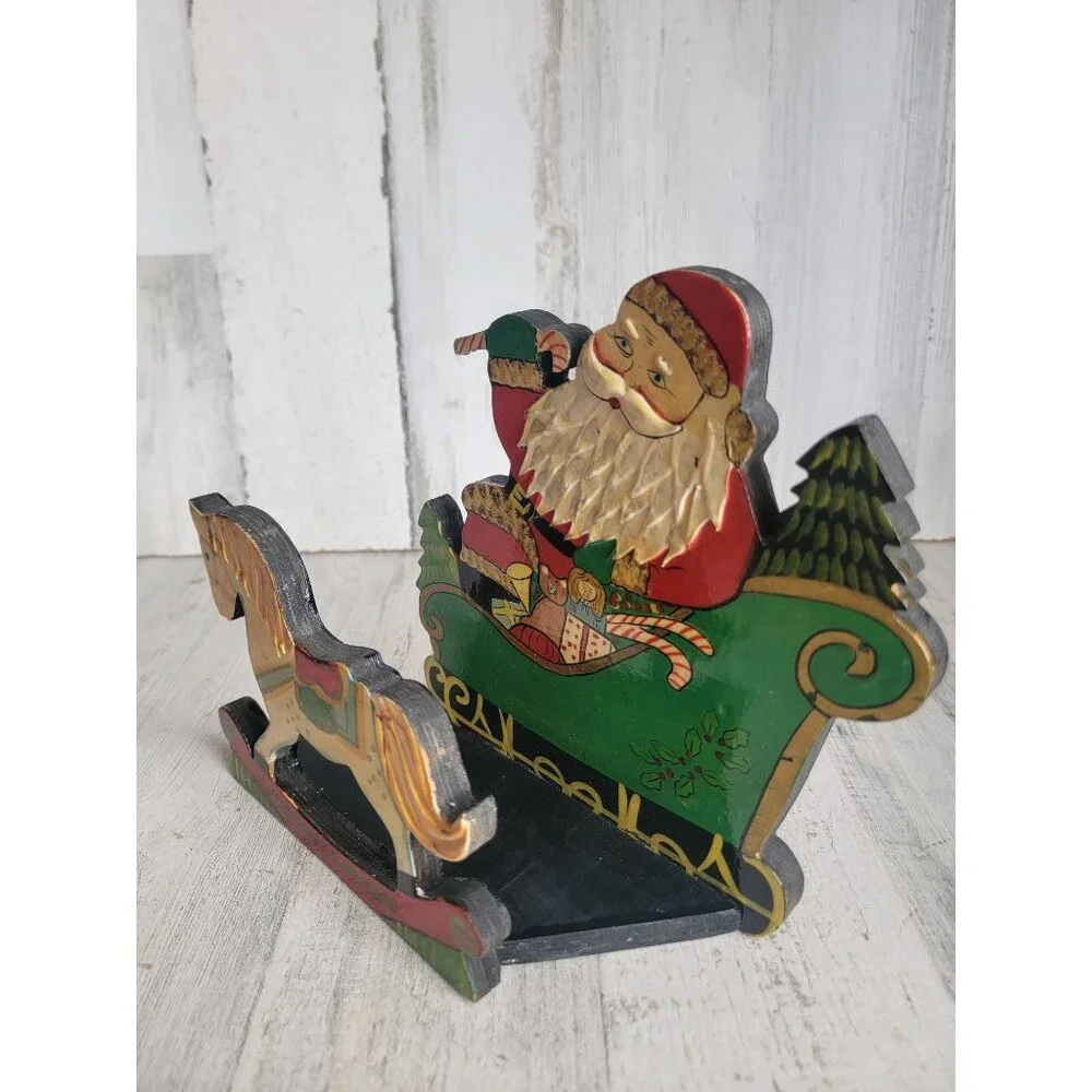 Vintage Santa Claus sleigh card napkin holder horse‎ Xmas figure